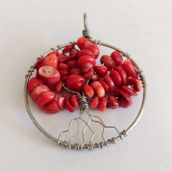 Tree Of Life Wire Wrap Pendant Red Stone Silver Tone - Picture 4 of 4